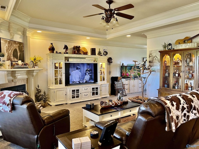 94 Owensby Way, Trinity, AL 35673 - carpeted living area with a ceiling fan, crown molding, and a premium fireplace