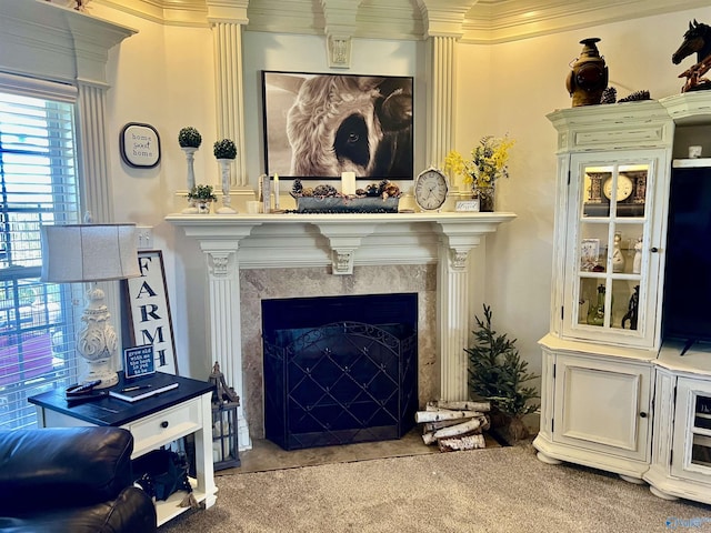 94 Owensby Way, Trinity, AL 35673 - carpeted living room with a high end fireplace, crown molding, and decorative columns