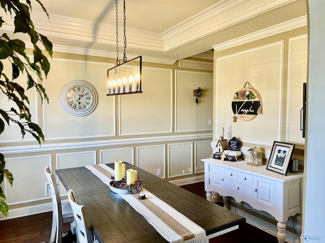94 Owensby Way, Trinity, AL 35673 - dining room with a decorative wall, a chandelier, crown molding, and dark wood finished floors