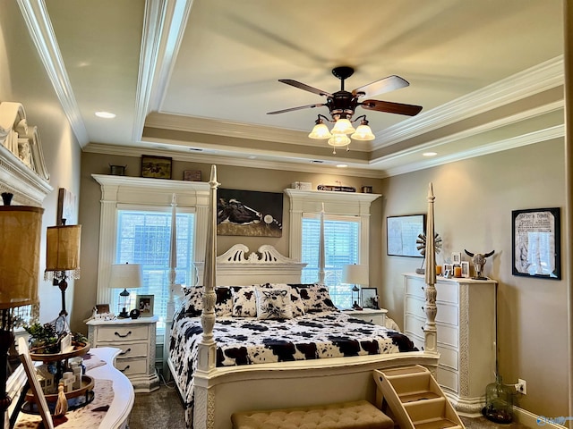 94 Owensby Way, Trinity, AL 35673 - bedroom featuring a raised ceiling, multiple windows, ornamental molding, and a ceiling fan