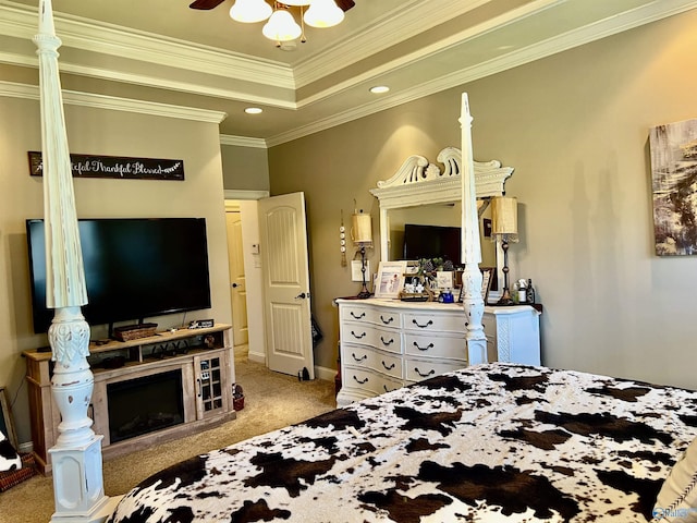 94 Owensby Way, Trinity, AL 35673 - carpeted bedroom featuring a tray ceiling, ornamental molding, recessed lighting, baseboards, and a high end fireplace