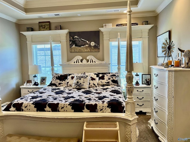 94 Owensby Way, Trinity, AL 35673 - bedroom with crown molding, dark carpet, and a tray ceiling