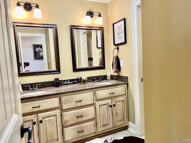 94 Owensby Way, Trinity, AL 35673 - bathroom featuring tile patterned flooring, double vanity, and ornamental molding