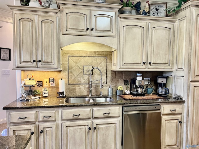 94 Owensby Way, Trinity, AL 35673 - kitchen featuring dishwasher, a sink, decorative backsplash, and dark stone counters