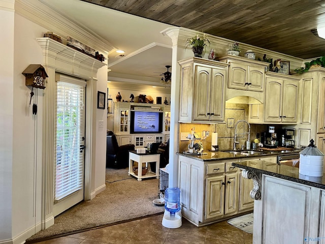 94 Owensby Way, Trinity, AL 35673 - kitchen featuring a sink, ornamental molding, dark tile patterned flooring, dark carpet, and ceiling fan