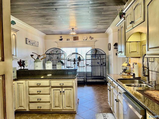 94 Owensby Way, Trinity, AL 35673 - kitchen with dishwasher, a sink, dark tile patterned flooring, a peninsula, and crown molding