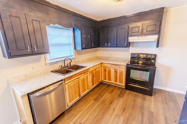 kitchen featuring sink, black electric range, a textured ceiling, dishwasher, and light hardwood / wood-style floors