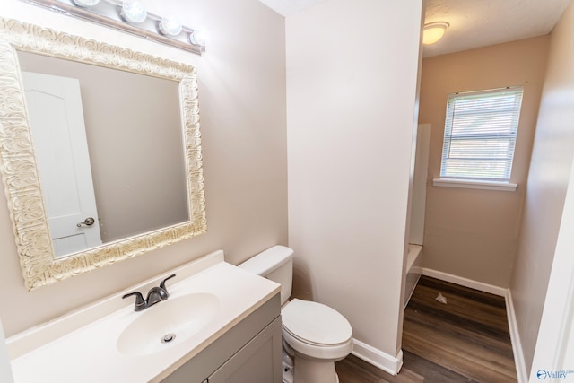 bathroom with wood-type flooring, vanity, and toilet