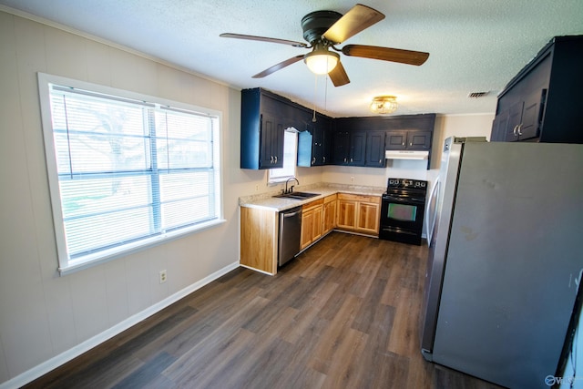 kitchen featuring sink, a textured ceiling, dark hardwood / wood-style flooring, ceiling fan, and stainless steel appliances