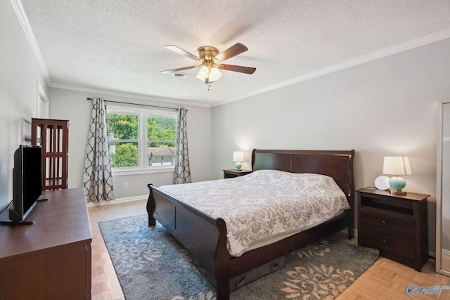9410 Valley Ln, Huntsville, AL 35803 - bedroom featuring ornamental molding, a textured ceiling, baseboards, and a ceiling fan