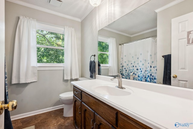 9410 Valley Ln, Huntsville, AL 35803 - full bathroom featuring vanity, toilet, baseboards, ornamental molding, and a shower with shower curtain