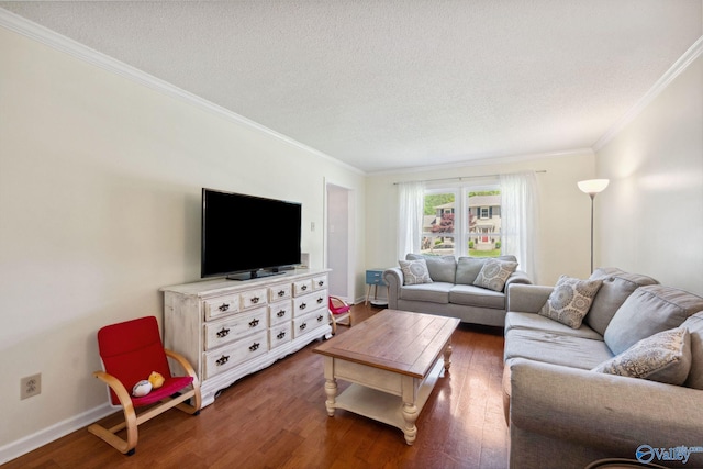 9410 Valley Ln, Huntsville, AL 35803 - living room featuring wood finished floors, ornamental molding, a textured ceiling, and baseboards