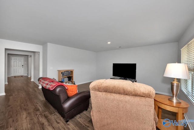 living room featuring dark wood-type flooring