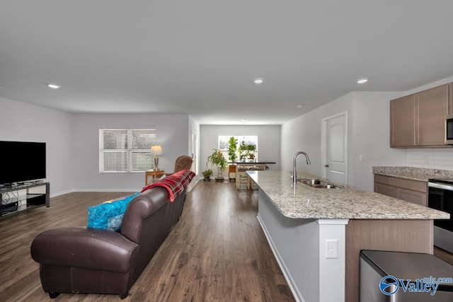 kitchen featuring light stone countertops, dark hardwood / wood-style flooring, a center island with sink, and sink