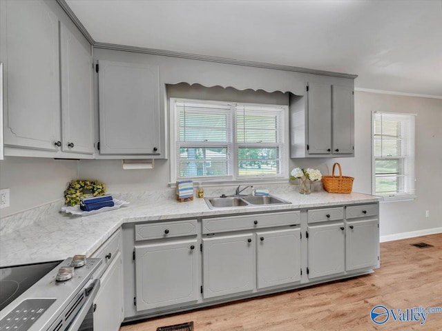 605 Hereford Dr, Athens, AL 35611 - kitchen featuring a sink, electric range, ornamental molding, light wood-style floors, and light countertops
