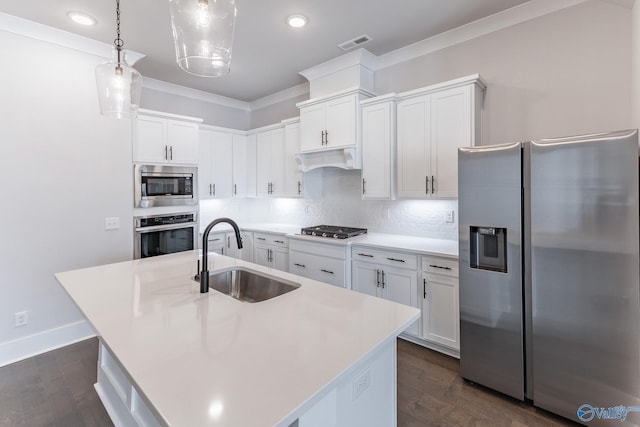 kitchen with appliances with stainless steel finishes, sink, decorative backsplash, dark hardwood / wood-style floors, and custom exhaust hood