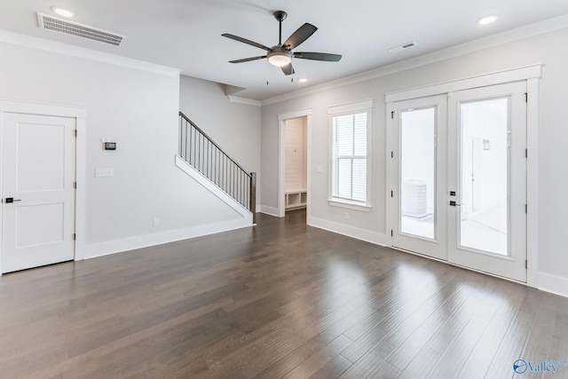 foyer featuring ceiling fan, crown molding, french doors, and hardwood / wood-style flooring