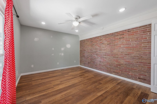 3621 Al Highway 36, Moulton, AL 35650 - empty room with brick wall, ceiling fan, baseboards, wood finished floors, and recessed lighting