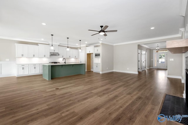 unfurnished living room with ceiling fan, ornamental molding, dark hardwood / wood-style floors, and sink