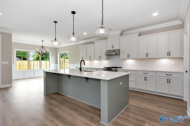 kitchen with a spacious island, stainless steel range oven, sink, pendant lighting, and white cabinets