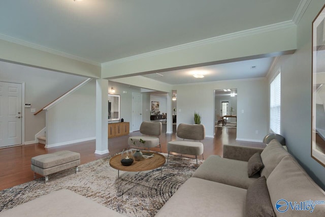 living room with hardwood / wood-style floors and ornamental molding