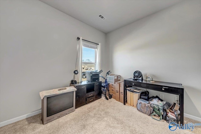 miscellaneous room with light colored carpet