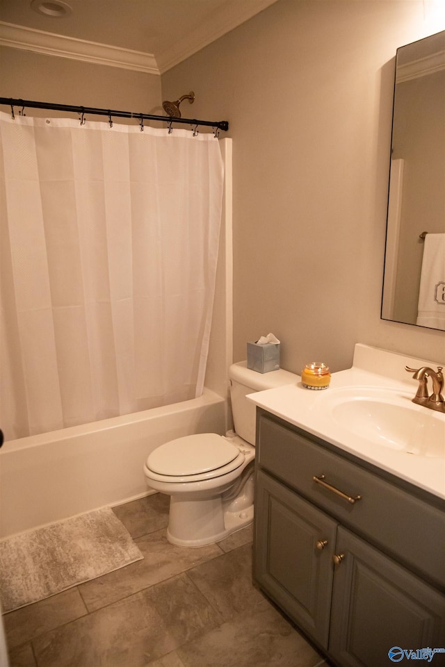 full bathroom with shower / bath combination with curtain, ornamental molding, toilet, and vanity