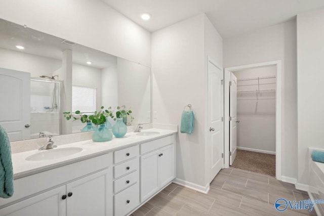 bathroom featuring walk in shower and vanity