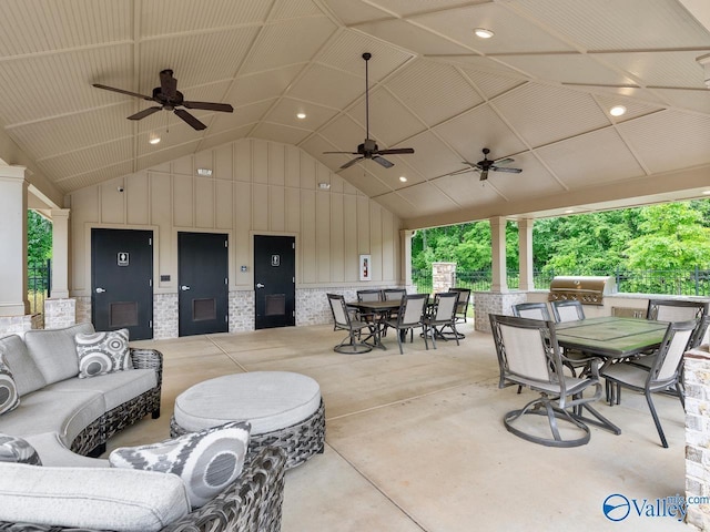 view of patio / terrace featuring grilling area, outdoor lounge area, ceiling fan, and an outdoor kitchen