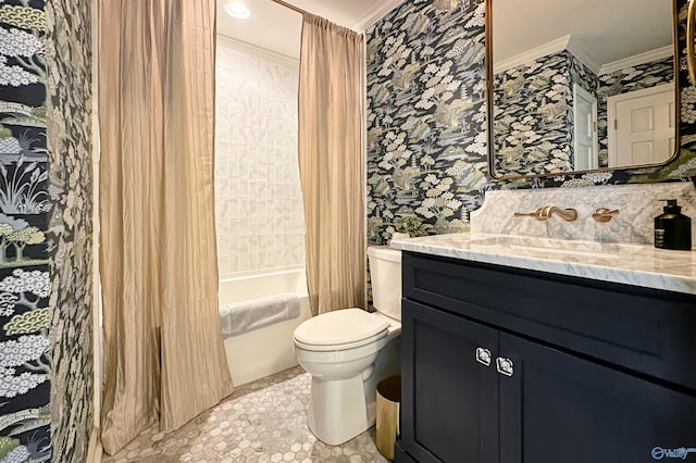 full bathroom featuring crown molding, vanity, toilet, and shower / bath combination with curtain