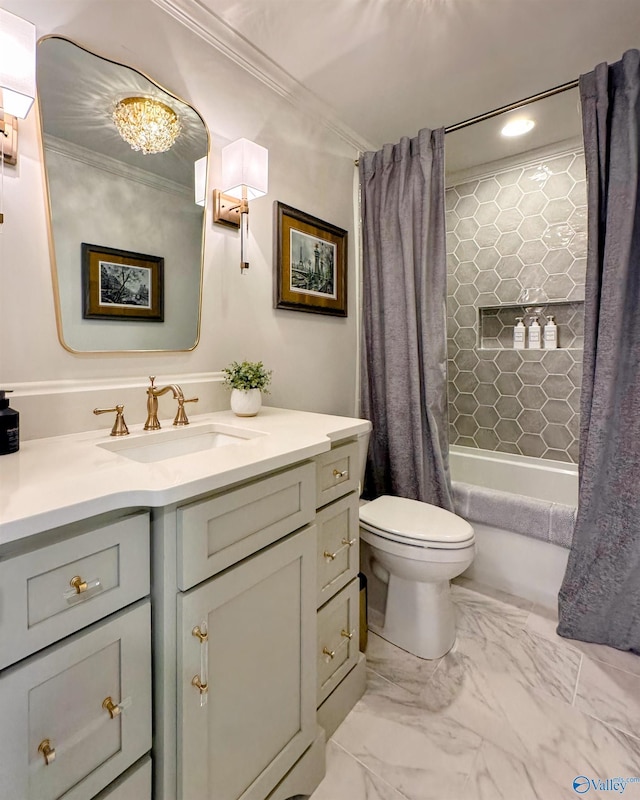 full bathroom featuring vanity, ornamental molding, shower / bath combination with curtain, and toilet