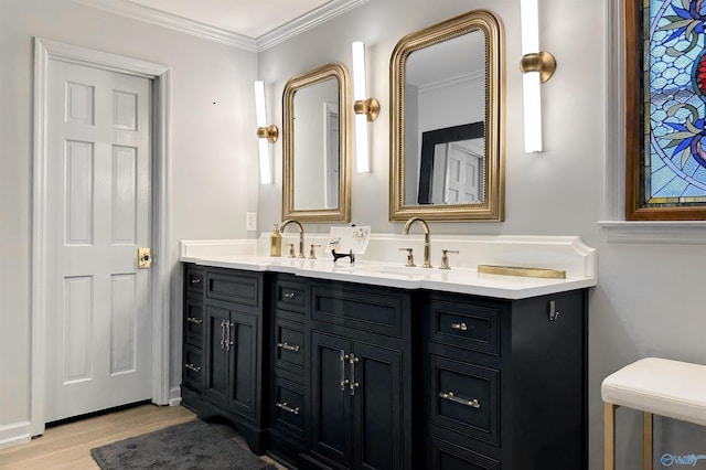 bathroom with hardwood / wood-style flooring, ornamental molding, and vanity