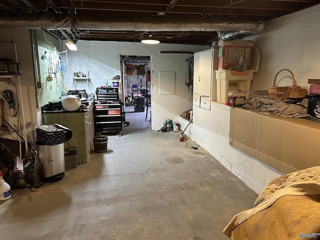 unfinished basement featuring concrete block wall
