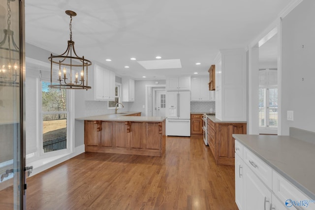 kitchen featuring a sink, premium appliances, wood finished floors, a peninsula, and a skylight