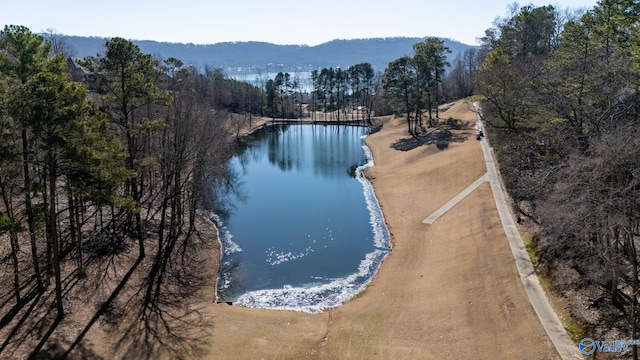 property view of water featuring a mountain view and a wooded view