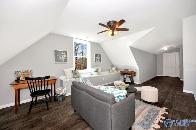 living area with lofted ceiling, baseboards, dark wood-style flooring, and ceiling fan