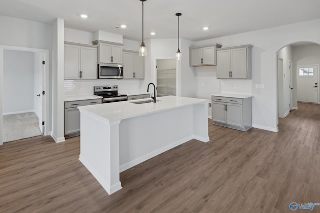 kitchen featuring appliances with stainless steel finishes, tasteful backsplash, gray cabinetry, sink, and a center island with sink