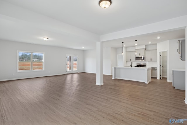 unfurnished living room featuring sink and wood-type flooring