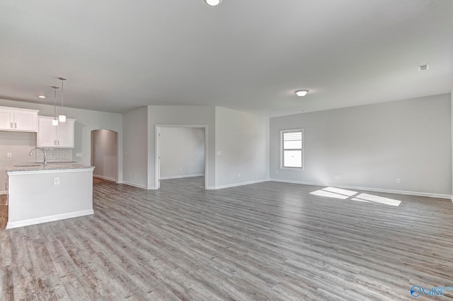 unfurnished living room with light hardwood / wood-style flooring and sink