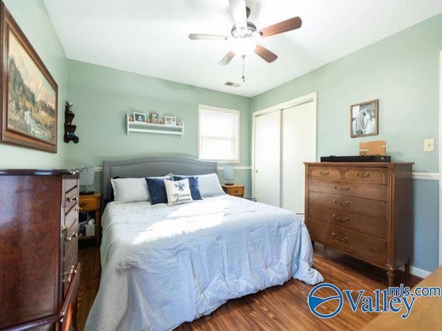 bedroom featuring ceiling fan, dark hardwood / wood-style floors, and a closet