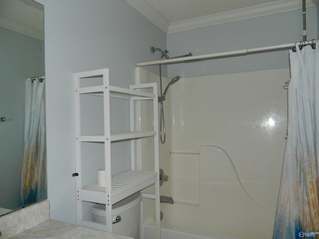 full bathroom with shower / bath combination with curtain, crown molding, and toilet