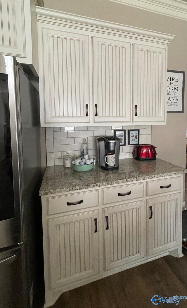 14537 Willow Bend Dr, Athens, AL 35613 - kitchen featuring smart refrigerator, tasteful backsplash, light stone counters, and dark wood-style flooring