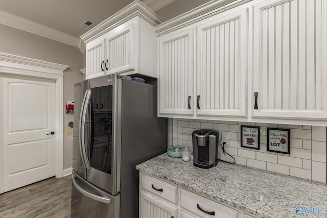 14537 Willow Bend Dr, Athens, AL 35613 - kitchen with smart refrigerator, ornamental molding, tasteful backsplash, wood finished floors, and white cabinets