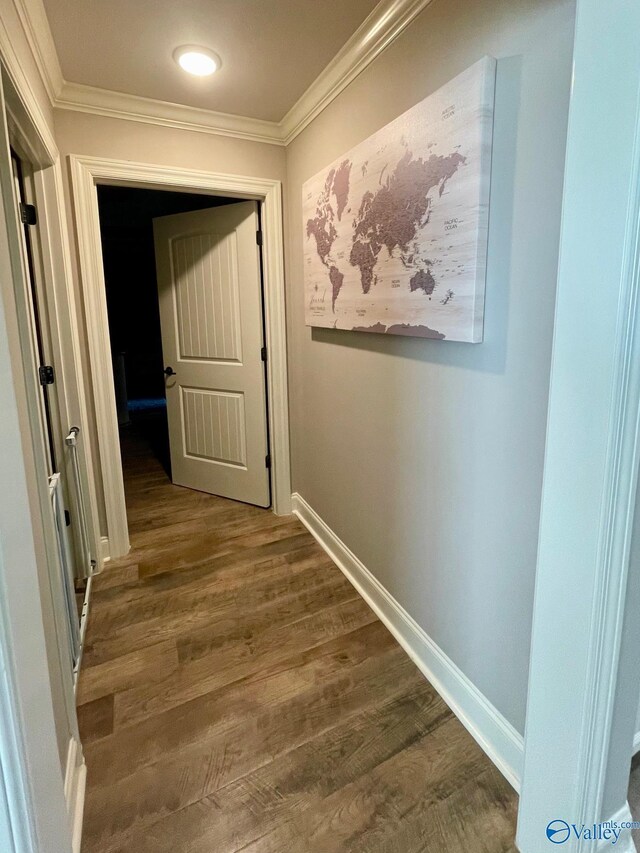 14537 Willow Bend Dr, Athens, AL 35613 - hall with ornamental molding, dark wood-style floors, and baseboards