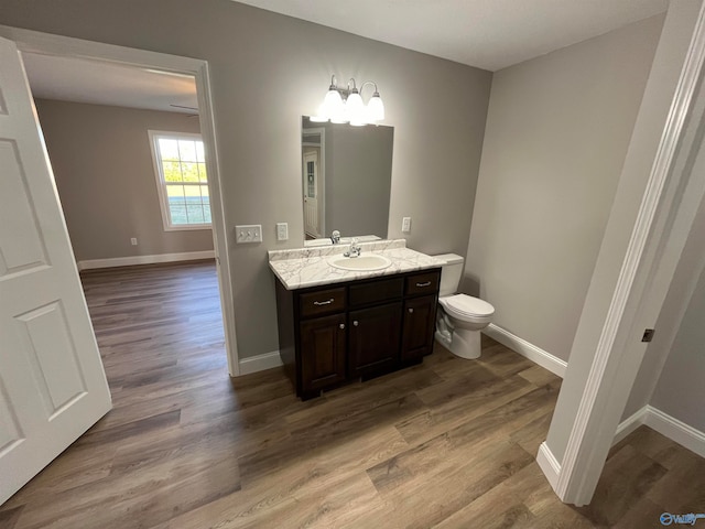 bathroom with vanity, toilet, and hardwood / wood-style floors