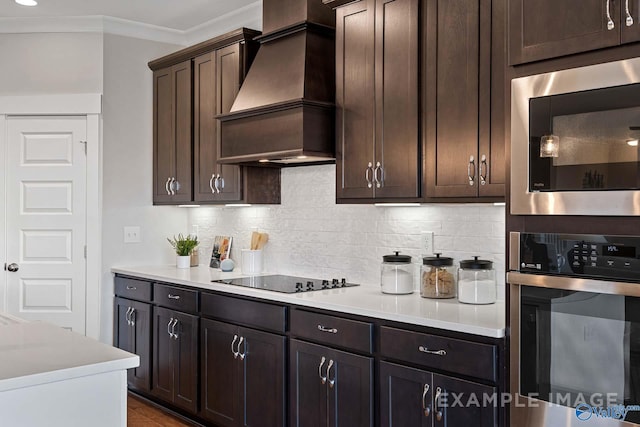 kitchen with crown molding, dark brown cabinetry, tasteful backsplash, custom range hood, and stainless steel appliances