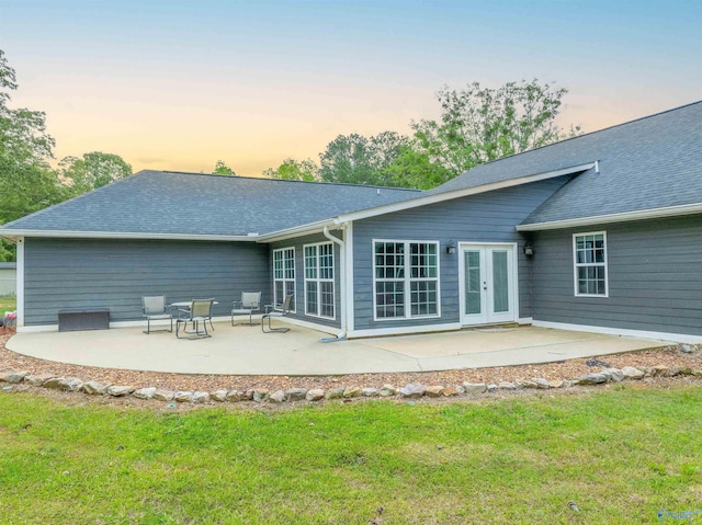 4198 Pilgrims Rest Rd, Southside, AL 35907 - rear view of property featuring french doors, a patio, a lawn, and roof with shingles