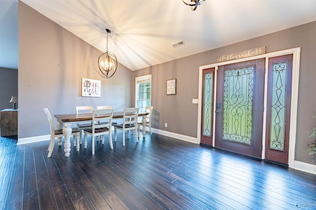 4198 Pilgrims Rest Rd, Southside, AL 35907 - dining space with wood-type flooring, a chandelier, baseboards, and lofted ceiling