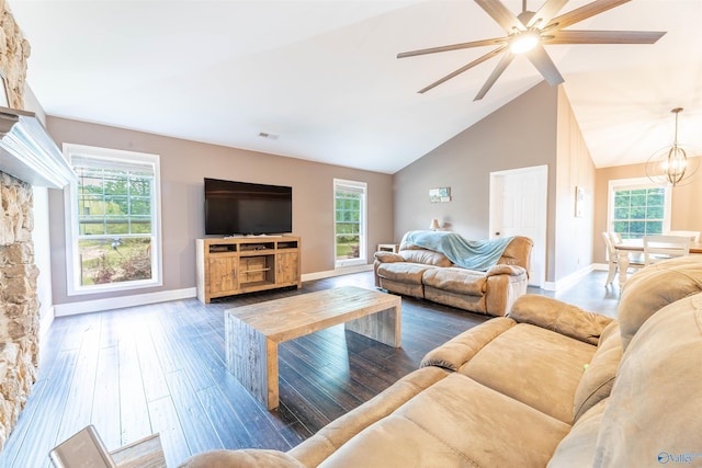 4198 Pilgrims Rest Rd, Southside, AL 35907 - living room featuring ceiling fan, wood finished floors, a chandelier, plenty of natural light, and high vaulted ceiling