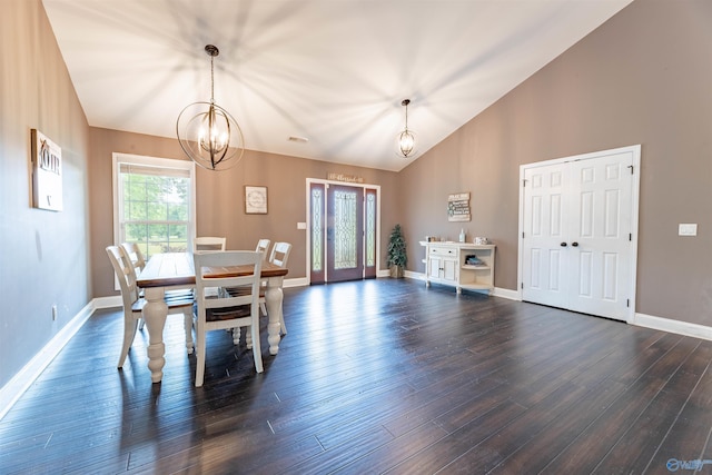 4198 Pilgrims Rest Rd, Southside, AL 35907 - dining space with a chandelier, dark wood-style floors, baseboards, and high vaulted ceiling